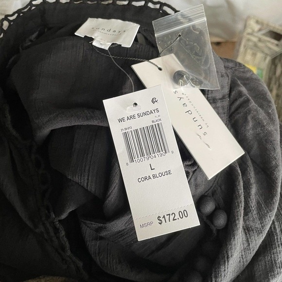 Anthropologie We are Sundays Cora Sheer Gauze/Cotton Blouse Black L MSRP $172.00 - Picture 5 of 6
